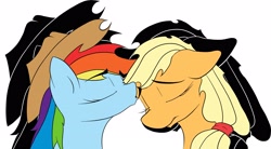Size: 2929x1619 | Tagged: safe, artist:goina, imported from derpibooru, applejack, rainbow dash, accessory swap, appledash, comforting, cute, female, kissing, lesbian, sad, shipping