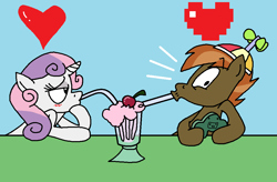 Size: 1008x663 | Tagged: safe, artist:jazo123, imported from derpibooru, button mash, sweetie belle, earth pony, pony, unicorn, blushing, colt, female, filly, male, milkshake, sharing a drink, shipping, straight, straw, sweetiemash, video game, wide eyes