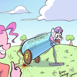 Size: 700x700 | Tagged: safe, artist:garam, imported from derpibooru, pinkie pie, sweetie belle, anthro, cannon, duo, duo female, extreme, faceless female, female, fire, fuse, offscreen character, pony cannonball, sweat, sweetiebuse, tree