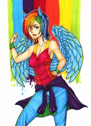 Size: 800x1109 | Tagged: safe, artist:samurainataku, imported from derpibooru, rainbow dash, human, eared humanization, fangs, female, humanized, light skin, solo, winged humanization, wristband