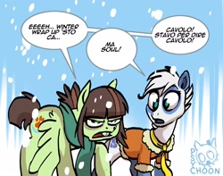 Size: 1934x1526 | Tagged: safe, artist:psychoon, imported from derpibooru, oc, oc only, oc:pandy, oc:soulbreath, earth pony, panda pony, pegasus, pony, clothes, italian, scarf, solo, vulgar