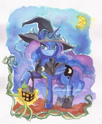 Size: 900x1092 | Tagged: safe, artist:bisc-chan, imported from derpibooru, princess luna, clothes, costume, female, hat, lantern, moon, nightmare night, solo, traditional art, witch