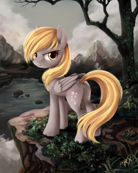 Size: 1200x1500 | Tagged: safe, artist:php58, artist:ponykillerx, deleted from derpibooru, imported from derpibooru, derpy hooves, pegasus, pony, annoyed, cliff, epic derpy, female, frown, glare, looking at you, looking back, mare, plot, scenery, solo, underp, water