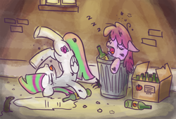 Size: 1000x678 | Tagged: safe, artist:king-kakapo, imported from derpibooru, berry punch, berryshine, blossomforth, earth pony, pegasus, pony, drawfag, drunk, frontbend, sleeping, trash, trash can