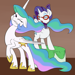 Size: 900x900 | Tagged: safe, artist:goat train, imported from derpibooru, princess celestia, rarity, comb, glasses, grooming