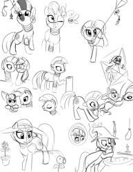 Size: 989x1280 | Tagged: safe, artist:furseiseki, imported from derpibooru, apple bloom, applejack, trixie, zecora, parasprite, snake, zebra, caught, cauldron, kite, monochrome, mouth hold, simple background, sketch dump, white background, zecora's hut