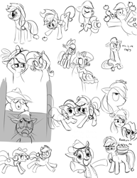 Size: 989x1280 | Tagged: safe, artist:furseiseki, imported from derpibooru, applejack, braeburn, rarity, apple, hat, monochrome, sketch dump