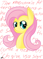 Size: 1400x1920 | Tagged: safe, artist:speedway king, imported from derpibooru, fluttershy, female, mutation, polycoria, solo, text, third eye