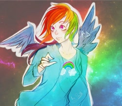 Size: 900x776 | Tagged: safe, artist:prodigymysoul, imported from derpibooru, rainbow dash, human, female, graphic tee, humanized, light skin, solo, winged humanization
