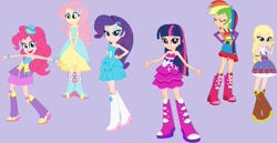 Size: 1243x642 | Tagged: dead source, safe, artist:trongcango, imported from derpibooru, applejack, fluttershy, pinkie pie, rainbow dash, rarity, twilight sparkle, equestria girls, blonde, boots, fall formal outfits, hatless, high heel boots, human coloration, light skin, mane six, missing accessory, sleeveless, strapless, twilight ball dress