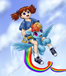 Size: 845x978 | Tagged: safe, artist:alloyrabbit, imported from derpibooru, rainbow dash, human, child, flying, humans riding ponies, riding, smiling