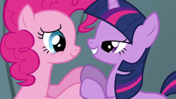 Size: 1280x720 | Tagged: safe, imported from derpibooru, screencap, pinkie pie, twilight sparkle, feeling pinkie keen, lidded eyes, out of context