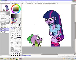 Size: 1280x1024 | Tagged: safe, artist:catfood-mcfly, imported from derpibooru, spike, twilight sparkle, dog, equestria girls, breasts, busty twilight sparkle, cleavage, clothes, collar, female, incestria girls, paint tool sai, shirt, skirt, spike the dog, wip