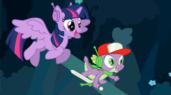 Size: 7879x4407 | Tagged: safe, artist:stelar-eclipse, imported from derpibooru, spike, twilight sparkle, alicorn, pony, absurd resolution, cave story, clothes, cosplay, costume, crossover, curly brace, duo, female, male, mare, parody, quote (cave story), twilight sparkle (alicorn)