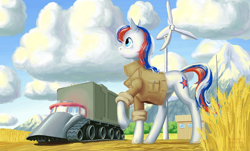 Size: 1100x664 | Tagged: safe, artist:adeptus-monitus, imported from derpibooru, oc, oc only, oc:marussia, cloud, cloudy, grain, harvester, mountain, nation ponies, russia, solo, wind turbine generator