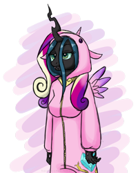 Size: 1280x1600 | Tagged: safe, artist:hasana-chan, imported from derpibooru, princess cadance, queen chrysalis, anthro, changeling, changeling queen, 30 minute art challenge, breasts, clothes, costume, cute, cutealis, female, frown, hoodie, pajamas, solo, unamused