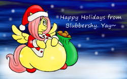 Size: 637x398 | Tagged: safe, imported from derpibooru, fluttershy, pegasus, pony, ask-blubbershy, belly, fat, fattershy, female, hat, obese, santa hat, solo