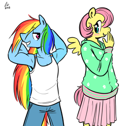 Size: 1280x1280 | Tagged: safe, artist:rwl, imported from derpibooru, fluttershy, rainbow dash, anthro, alternate hairstyle, armpits, bedroom eyes, biceps, blushing, clothes, cute, female, flirting, flutterdash, hoodie, jeans, lesbian, muscles, rainbuff dash, shipping, skirt, tanktop