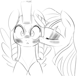 Size: 886x879 | Tagged: source needed, safe, artist:zev, imported from derpibooru, flash sentry, twilight sparkle, blushing, cute, eyes closed, eyeshadow, female, flashlight, grayscale, helmet, kissing, male, monochrome, royal guard, shipping, smooch, spread wings, straight, surprise kiss, surprised, wingboner