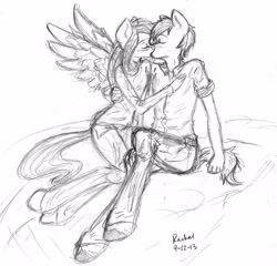 Size: 2032x1952 | Tagged: safe, artist:lovingrandomness, imported from derpibooru, big macintosh, fluttershy, anthro, 2013, duo, female, fluttermac, kiss on the lips, kissing, male, monochrome, shipping, signature, sketch, straight, traditional art