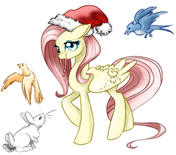 Size: 835x736 | Tagged: safe, artist:opalacorn, imported from derpibooru, fluttershy, bird, pegasus, pony, rabbit, candy, candy cane, christmas, female, food, hat, holiday, mouth hold, santa hat, simple background, solo, white background