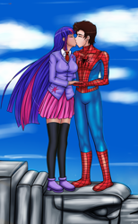 Size: 3495x5662 | Tagged: safe, artist:sketchbits, imported from derpibooru, twilight sparkle, human, crossover, crossover shipping, dark skin, female, humanized, kissing, light skin, male, spider-man, spiders and magic: rise of spider-mane, spidertwi, straight