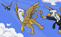 Size: 3000x1800 | Tagged: safe, artist:geomancing, imported from derpibooru, gilda, oc, griffon, clothes, flying, necktie, suit