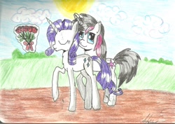 Size: 1024x724 | Tagged: safe, artist:catkotek, imported from derpibooru, rarity, oc, canon x oc, female, male, shipping, straight, traditional art