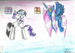 Size: 1024x734 | Tagged: safe, artist:catkotek, imported from derpibooru, rarity, oc, alicorn, pony, alicorn oc, canon x oc, female, male, shipping, straight, traditional art