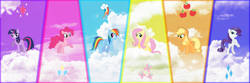 Size: 6000x2000 | Tagged: safe, imported from derpibooru, applejack, fluttershy, pinkie pie, rainbow dash, rarity, twilight sparkle, absurd resolution, cutie mark, line-up, mane six, sky, wallpaper