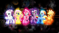 Size: 1920x1080 | Tagged: safe, artist:kibbiethegreat, artist:mindnomad, artist:moongazeponies, artist:shelltoon, imported from derpibooru, applejack, fluttershy, pinkie pie, rainbow dash, rarity, twilight sparkle, mane six, reflection, remake, sparkles, vector, wallpaper