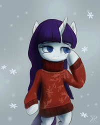 Size: 1024x1280 | Tagged: safe, artist:grissaecrim, artist:raikoh, imported from derpibooru, rarity, pony, alternate hairstyle, bipedal, clothes, female, snow, snowflake, solo, sweater