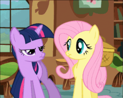 Size: 725x576 | Tagged: safe, imported from derpibooru, screencap, fluttershy, twilight sparkle, a bird in the hoof, season 1, :o, animated, animation error, duo, female, flutterbuse, frown, grumpy, horses doing horse things, kick, nudge