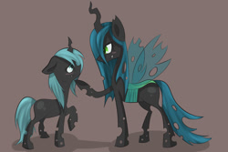 Size: 1024x683 | Tagged: safe, artist:skune, imported from derpibooru, queen chrysalis, oc, oc:sleeva, changeling, changeling queen, blushing, female, mommy chrissy, offspring, parent:queen chrysalis, story in the comments