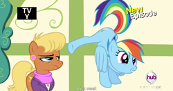 Size: 1152x607 | Tagged: safe, imported from derpibooru, screencap, ms. harshwhinny, rainbow dash, flight to the finish, animation error, meme, out of context, youtube caption