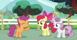 Size: 1152x609 | Tagged: safe, imported from derpibooru, screencap, apple bloom, scootaloo, sweetie belle, flight to the finish, cutie mark crusaders, hub logo, meme, youtube caption