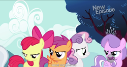 Size: 1151x608 | Tagged: safe, imported from derpibooru, screencap, apple bloom, diamond tiara, scootaloo, silver spoon, sweetie belle, flight to the finish, cutie mark crusaders, hub logo, meme, youtube caption