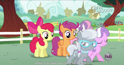 Size: 1152x609 | Tagged: safe, imported from derpibooru, screencap, apple bloom, diamond tiara, scootaloo, silver spoon, sweetie belle, flight to the finish, cutie mark crusaders, hub logo, meme, youtube caption