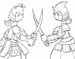 Size: 2300x1800 | Tagged: safe, imported from derpibooru, trixie, twilight sparkle, anthro, armor, breasts, female, helmet, monochrome, samurai, simple background, sketch, sword