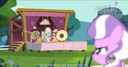 Size: 1152x610 | Tagged: safe, imported from derpibooru, screencap, apple bloom, diamond tiara, scootaloo, sweetie belle, flight to the finish, cutie mark crusaders, hub logo, meme, youtube caption