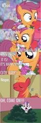 Size: 636x1896 | Tagged: safe, imported from derpibooru, apple bloom, big macintosh, scootaloo, sweetie belle, earth pony, pegasus, pony, unicorn, flight to the finish, blank flank, bush, bushicorn, comic, cutie mark, cutie mark crusaders, eyes closed, female, filly, male, meta, nope, oh come on, stallion, teasing, text, wreath