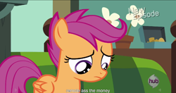 Size: 1152x607 | Tagged: safe, imported from derpibooru, screencap, scootaloo, flight to the finish, female, meme, scootasad, solo, youtube caption