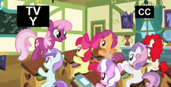 Size: 1280x651 | Tagged: safe, imported from derpibooru, screencap, apple bloom, cheerilee, diamond tiara, liza doolots, petunia, princess celestia, scootaloo, sweetie belle, tootsie flute, twist, flight to the finish, animation error, incorrect leg anatomy, ponyville schoolhouse