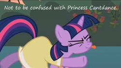 Size: 500x279 | Tagged: safe, edit, edited screencap, imported from derpibooru, screencap, princess cadance, twilight sparkle, sweet and elite, birthday dress, clothes, cropped, dancing, do the sparkle, dress, female, insane pony thread, pun, scrunchy face, solo, tongue out