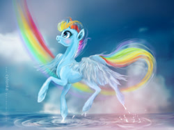 Size: 900x674 | Tagged: safe, artist:cylonka, imported from derpibooru, rainbow dash, alicorn, pony, alicornified, cloud, cloudy, female, princess, race swap, rainbow, rainbowcorn, solo, water