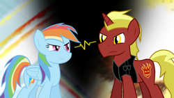 Size: 1024x576 | Tagged: safe, artist:xain-russell, imported from derpibooru, rainbow dash, oc, oc:firebrand, double rainboom, josh scorcher, review, the fiery joker, title card