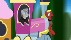 Size: 1024x576 | Tagged: safe, artist:xain-russell, imported from derpibooru, oc, oc only, oc:firebrand, evil grin, friendship express, grin, josh scorcher, mystery on the friendship express, review, screaming, smiling, the autarch, the fiery joker, title card, train