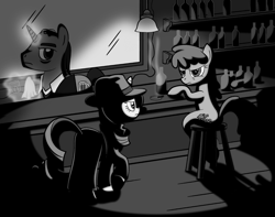 Size: 1425x1125 | Tagged: artist needed, safe, imported from derpibooru, berry punch, berryshine, rarity, earth pony, pony, unicorn, angry, ashtray, bar, black and white, booze, cigar, clothes, detective, detective rarity, drunk, fedora, grayscale, hat, hilarious in hindsight, noir, smoking, trenchcoat