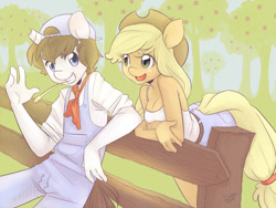 Size: 1200x900 | Tagged: safe, artist:dahliabee, imported from derpibooru, applejack, anthro, earth pony, unicorn, apple, breasts, broken horn, cap, clothes, crossover, fence, food, freckles, harvest moon, hat, ponified, shirt, shorts, signature, smiling, tree