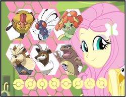 Size: 545x419 | Tagged: safe, imported from derpibooru, fluttershy, bellossom, butterfree, kangaskhan, sawsbuck, stoutland, vespiquen, equestria girls, pokémon, trainer card